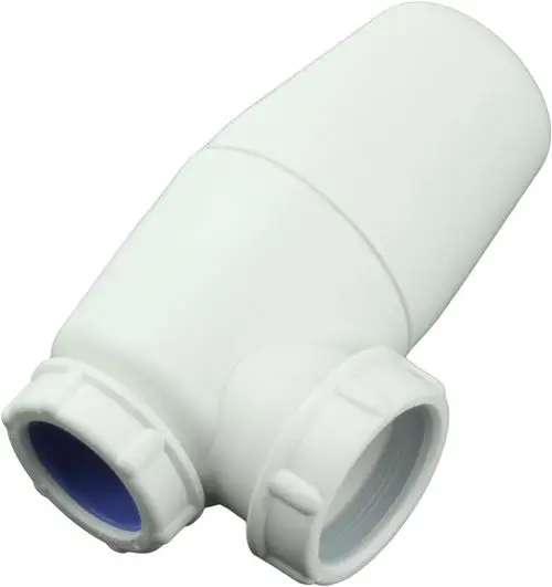 BOSCH-Geruchsverschluss in weißer Farbe, mit zwei anschließbaren Öffnungen und konischem Design zur Verhinderung von Geruchsbildung in Abwasserleitungen.